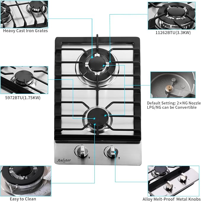 12 Inch Gas Cooktop, 2 Burners Built-in Gas Stovetop Stainless Steel Gas Stove - Image 3