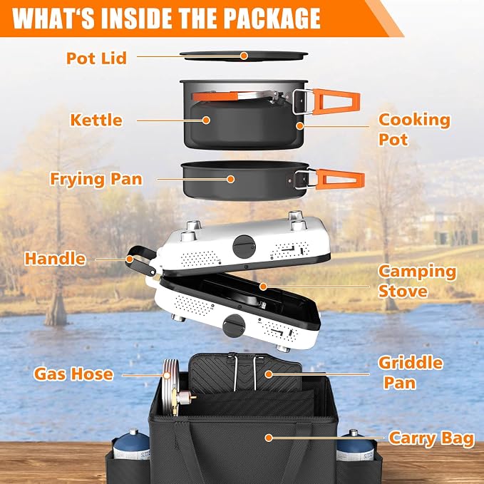 Hisencn Camping Stove, 2 Burner Propane Stove, 20000 BTU/h Camping Cooking set - Image 2