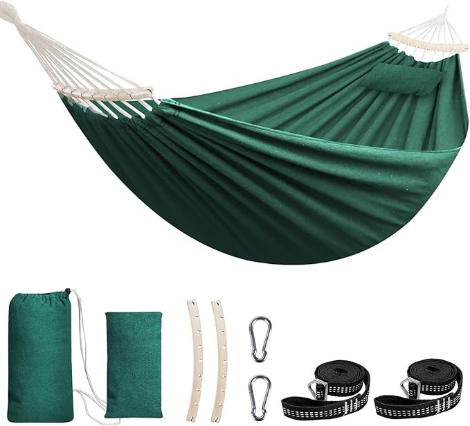 Hammock with Pole in Dark Green Cotton, 106 x 59 Inches