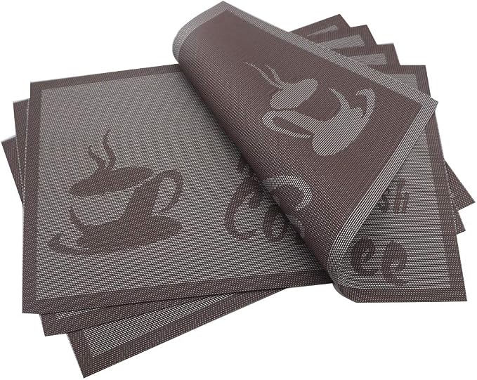 Gugrida Placemats Set of 6 Plaid Checkered Coffee Heat-Resistant Anti-Skid PVC - Image 4