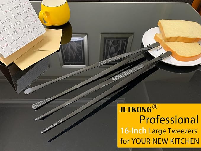 Tongs Set of 2, 16-Inch Black Stainless Steel Grilling Tweezers