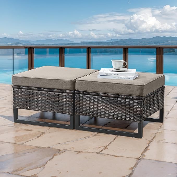 HUMMUH Outdoor Ottomans for Patio Set of 2 PE Wicker Outdoor Footstool by HUMMUH