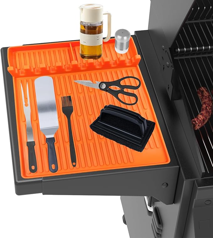 Silicone Grill Mat, 16 x 11.5 Inch Orange with 8 Tableware Slots