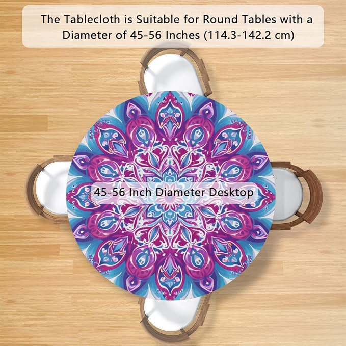 Mandala Vintage Flowers Round Table Cloth Cover, Elastic Edge Waterproof - Image 2