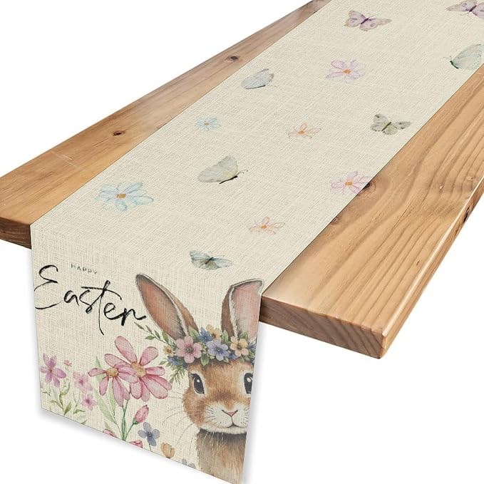 Easter Table Runner, Boho Floral Bunny Rabbit Butterflies Pink Blue Spring - Image 6