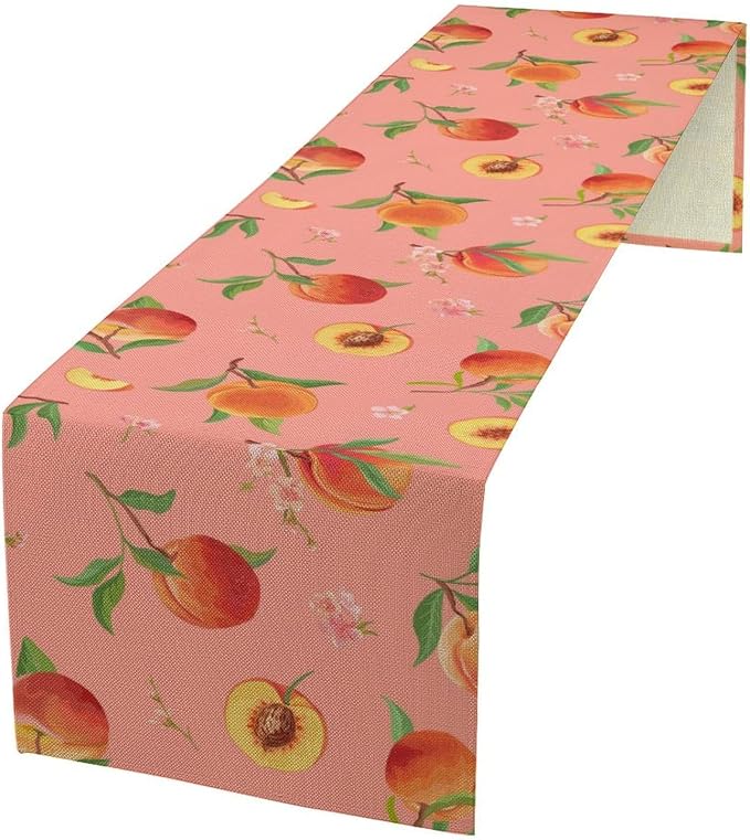 Pink Cute Peach Table Runner, Colorful Summer Fruit Floral Table Runner by Unknown