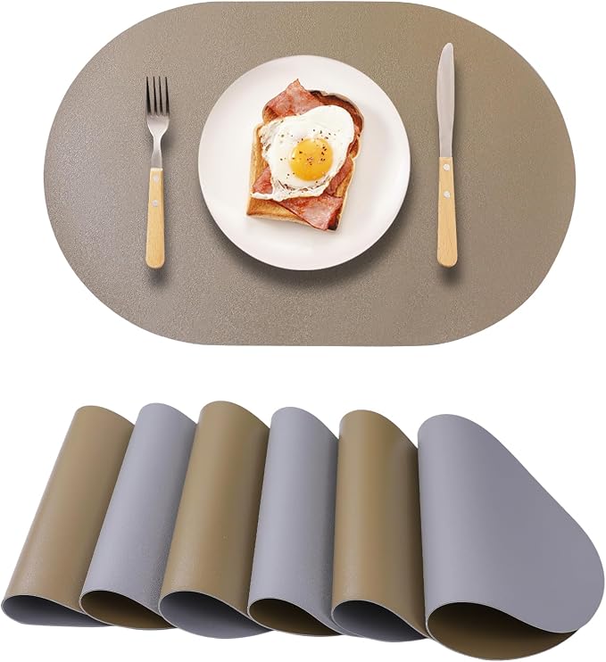 Oval Faux Leather Placemats Set of 6, Reversible PU Placemat by Unknown