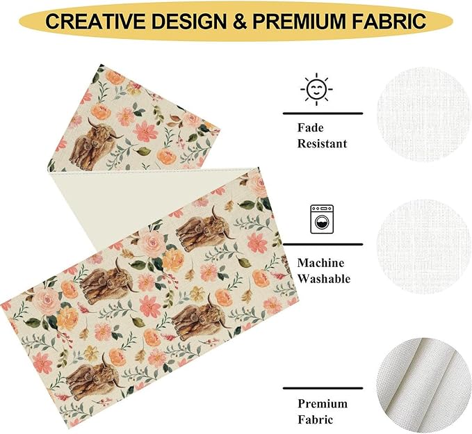 Cow Table Runner, Rustic Farmhouse Pink Floral Flower Spring Summer Yak Leaves - Image 5