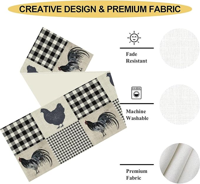 Farmhouse Rooster Table Runner, Vintage Rooster Retro Farmhouse Country Chicken - Image 5
