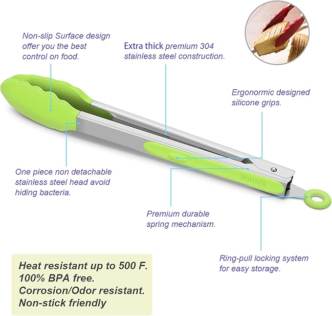 BBQ Tongs 4-Pack, Green Silicone, Heat Resistant to 500°F