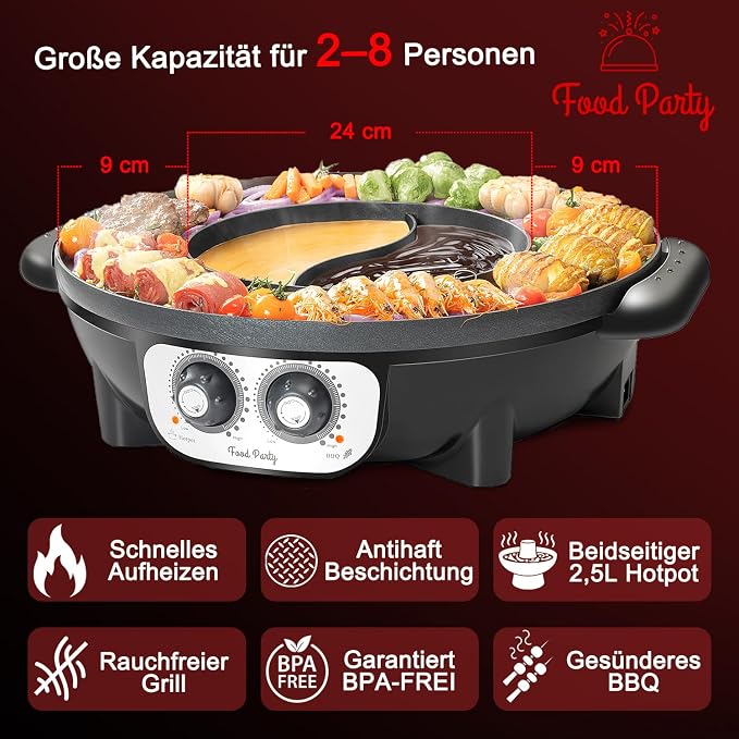 Food Party Hot Pot with Grill 2 in 1 Electric Smokeless Grill and Hotpot Pot - Image 3