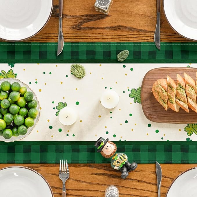 Artoid Mode Shamrock Buffalo Plaid Gnomes Lucky St. Patrick's Day Table Runner - Image 4