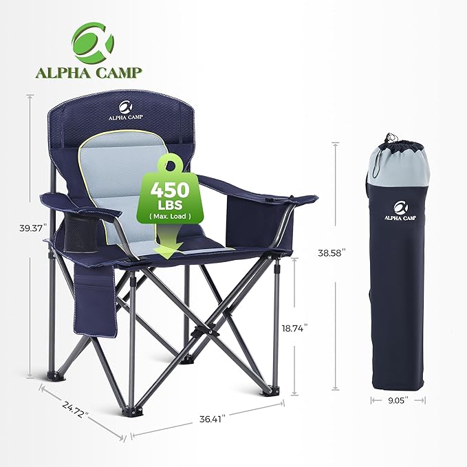 Oversized Camping Chair, 500 lb Steel Frame, Blue, 24.8-Inch Seat