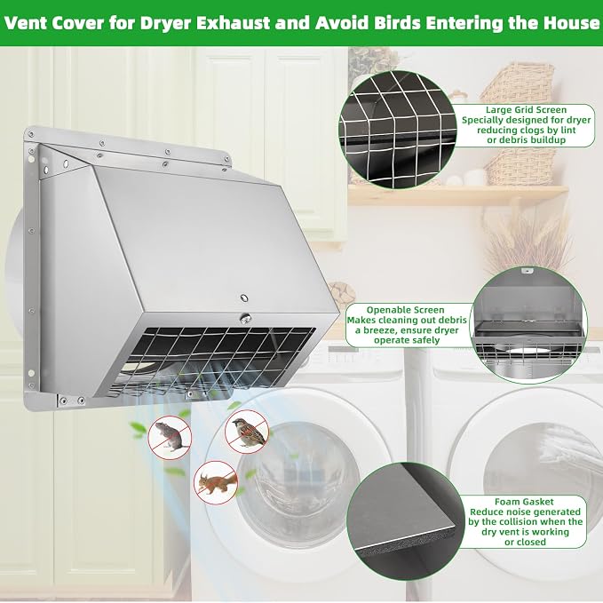 Dryer Vent Cover Outside 6 Inch Wall Vent, 304 Stainless Steel Exhaust Vent - Image 3