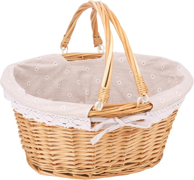Natural Wicker Basket with Linen Lining, Woven Picnic Basket with Handle by Unknown