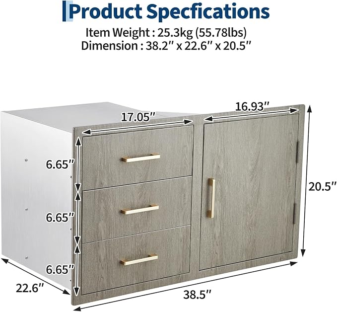 Stainless Steel Outdoor Kitchen Door Drawer Combo 38.2" W x 20.5" H x 22.6" D - Image 3