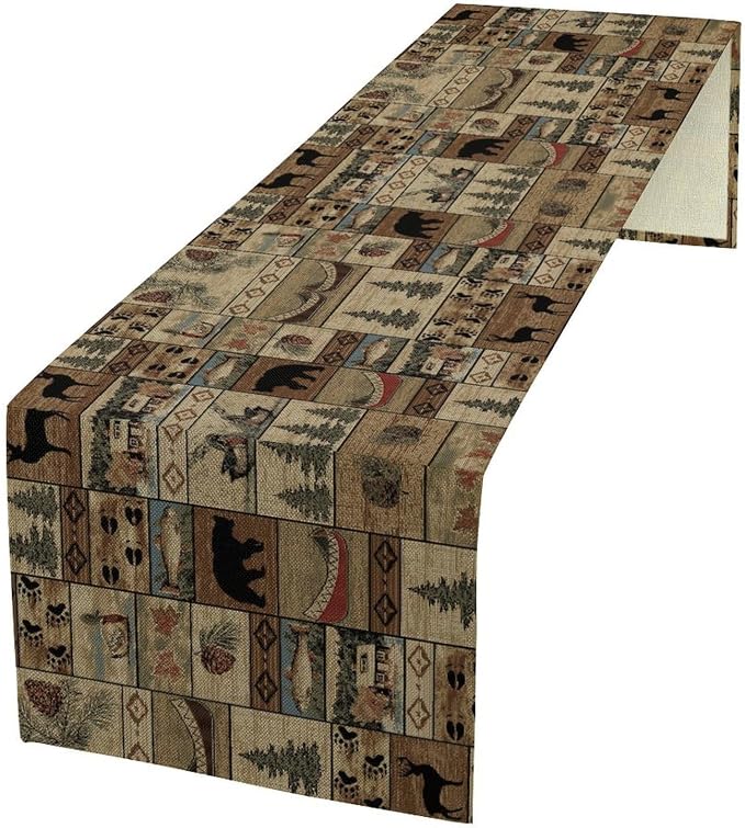 Rustic Deer Bear Table Runner, Vintage Bear Country Cabin Farmhouse Table Runner by Unknown