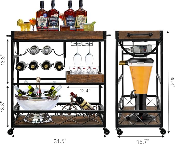 Bar Cart for The Home, 3 Tire Industrial Rolling Serving Cart on Lockable Wheels - Image 7
