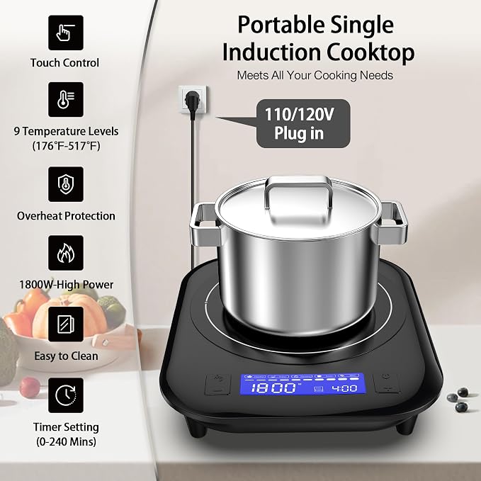 Single Induction Cooktop, 1800W 110V Single Burner Cooktop, Induction Hot Plate - Image 3