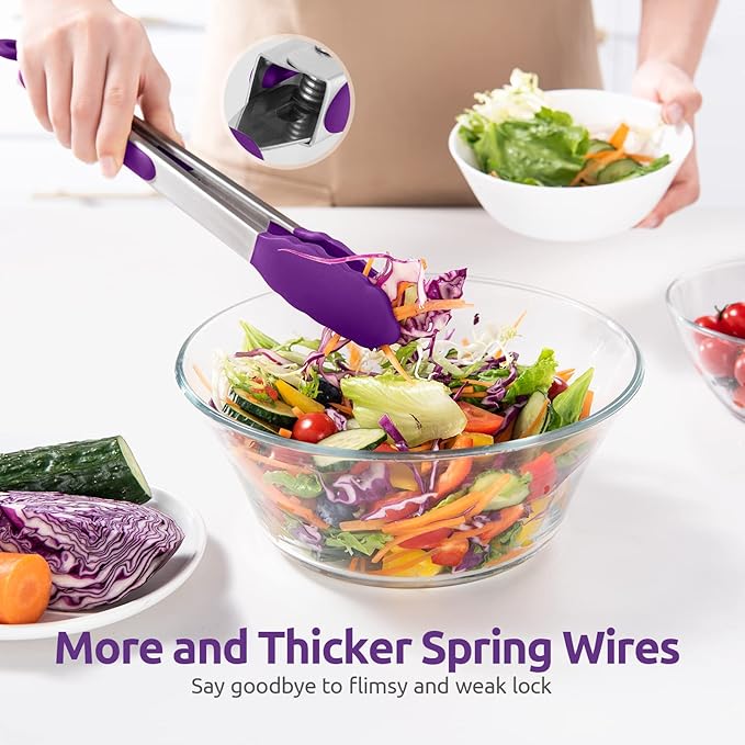 Tongs with Locking Handles and Silicone Tips, Purple 12 Inch