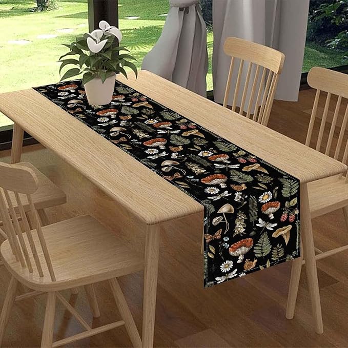 Mushroom Table Runner, Rustic Farmhouse Forest Plants Botanical Country Black - Image 2