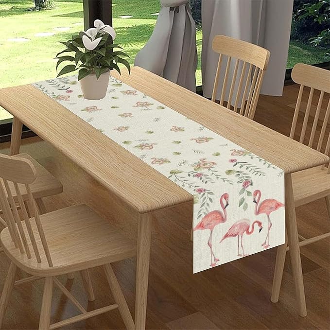 Flamingo Table Runner, Rustic Boho Grey Leaf Pink Rose Floral Tropical Bird - Image 3