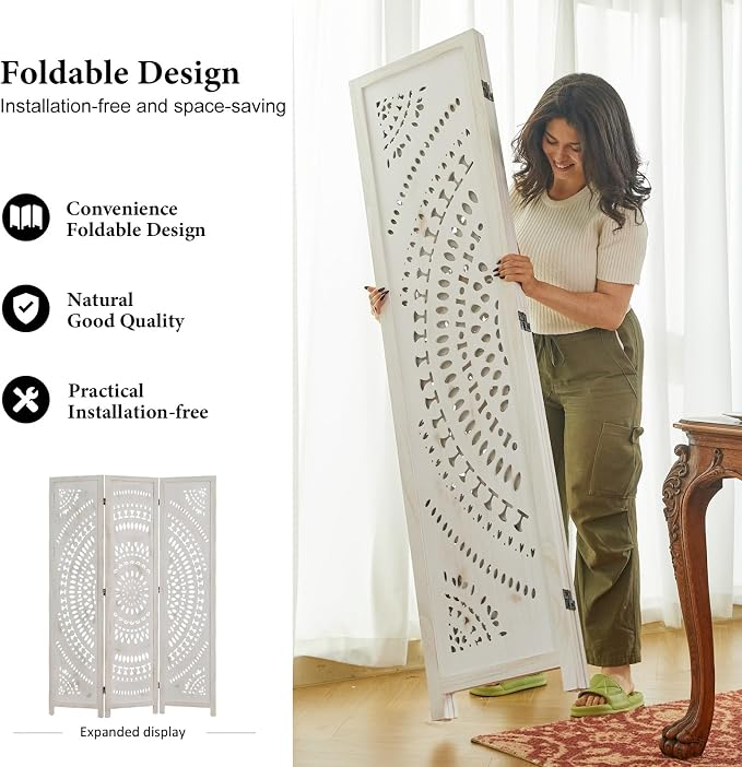 Room Divider Wood Carved Wall Divider Indoor Folding Bohemian Style Portable - Image 4