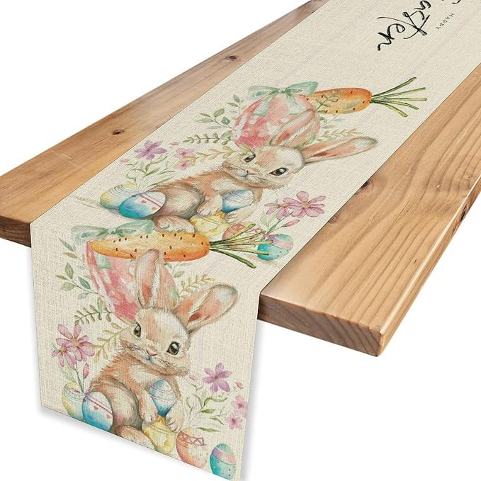Easter Bunny Table Runner, Rustic Watercolor Bunnies Easter Eggs Carrots Floral - Image 6