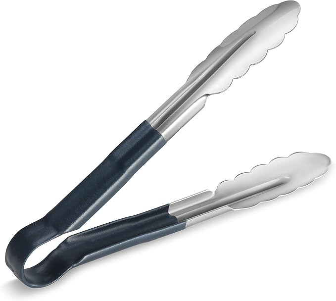 Tongs, 9-Inch Stainless Steel Serving Tongs with Blue Vinyl Handles