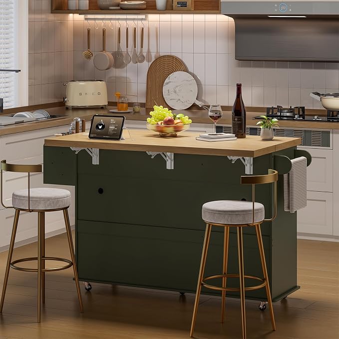60" Kitchen Island with Power Outlet & Drop Leaf, Kitchen Rolling Island with - Image 9