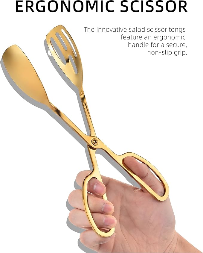 Tongs, 10-Inch Gold Stainless Steel Scissor-Style Serving Tongs, 2 Pack