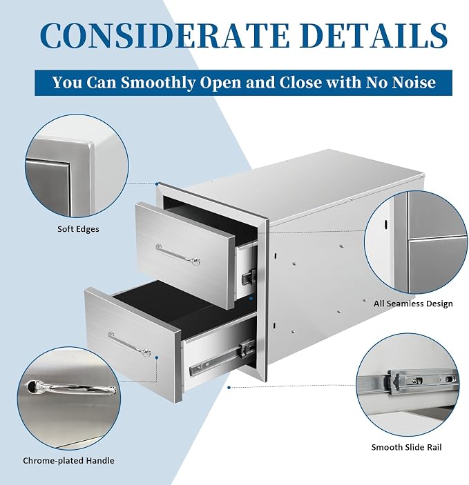 Outdoor Kitchen Drawers 14"Wx15"Hx23"D Flush Mount Access 2-Drawer BBQ - Image 4