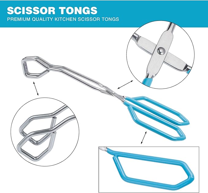 Tongs, 2 Piece Stainless Steel Scissor Tongs in Blue, 11 Inch