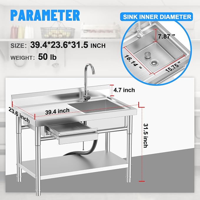 Utility Sink, Commercial Kitchen Stainless Steel Sink, 39.5'' Free Standing - Image 2