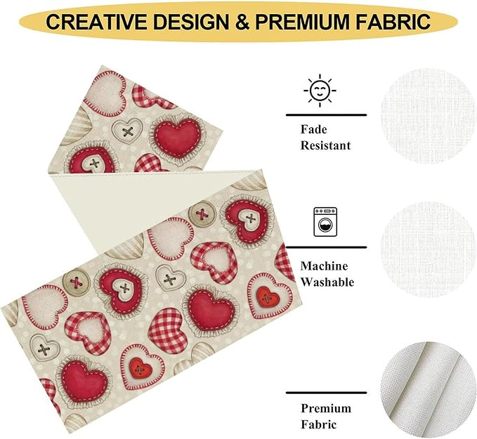 Red Heart Table Runner, Retro Rustic Beige Heart Buttons Polka Dot Valentines - Image 5