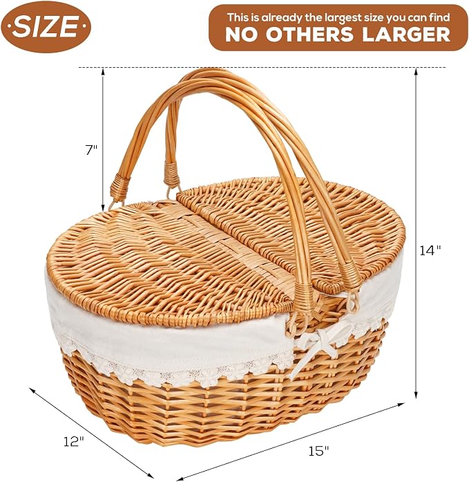 Wicker Picnic Basket with Removable Liner, Empty Picnic Baskets with Lid - Image 5