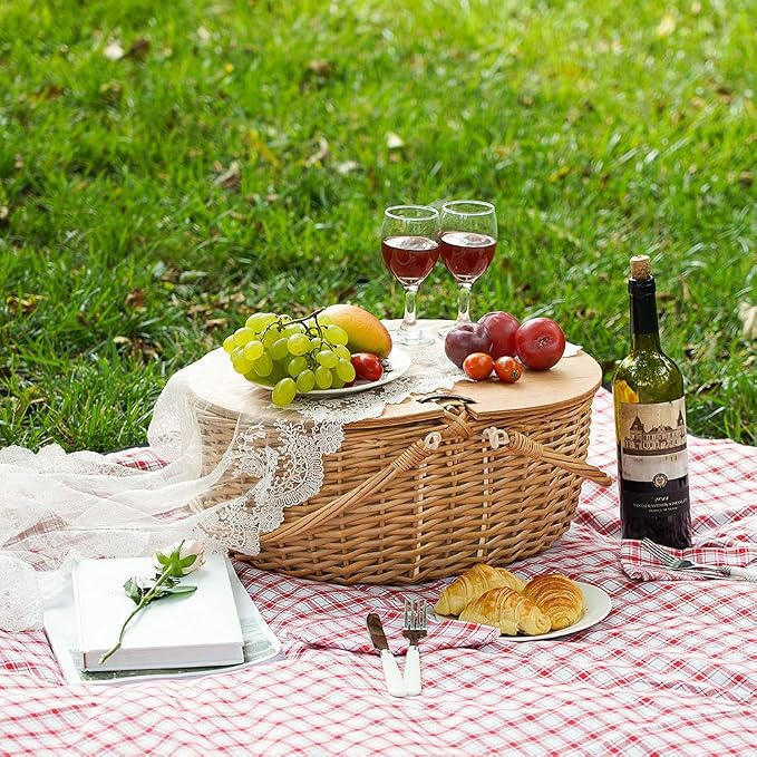 Wicker Picnic Basket with Cooler, Wooden Split Lid Picnic Basket, Vintage-Style - Image 6