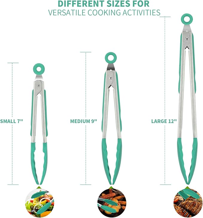 Tongs with 7, 9 and 12 Inch Lengths, Silicone Tips, Aqua Sky