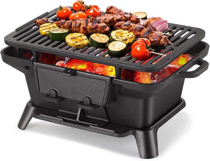 Hibachi Grill Outdoor, Portable Mini Charcoal Grill, Pre-Seasoned Cast Iron by PitPassionInnovGrill