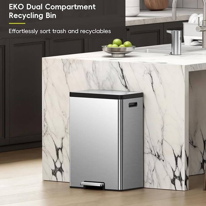 EKO EcoCasa II Rectangular Kitchen Step Trash Can, 20L+20L Dual Compartment - Image 3