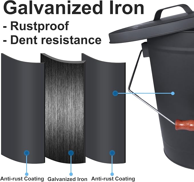 Ash Bucket with Lid and Shovel Hand Broom, 5.15 Gallon Large Galvanized Iron - Image 2