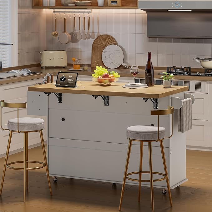 60" Kitchen Island with Power Outlet & Drop Leaf, Kitchen Rolling Island with - Image 9