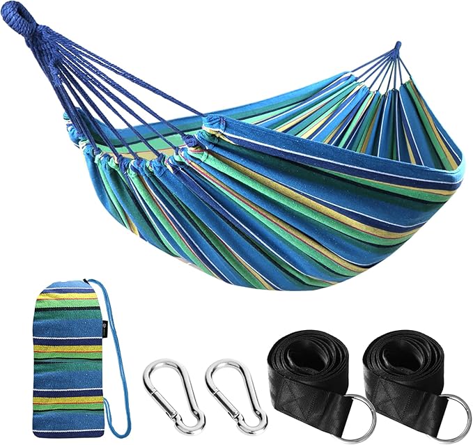 Hammock for Camping in Cotton, Blue/Yellow/Green Stripe, 106 x 59 Inch