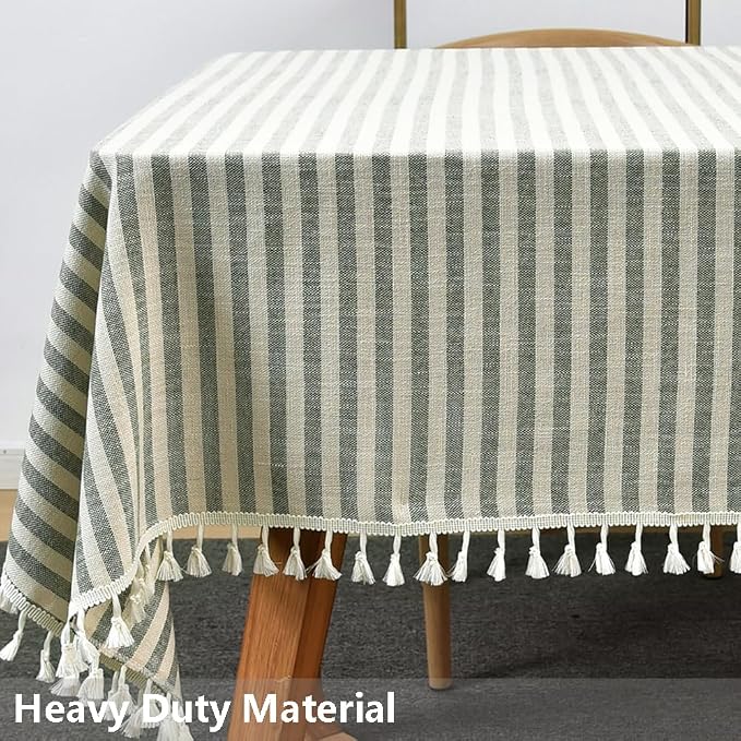 TruDelve Rectangle Cloth Tablecloths Olive Green Striped Tablecloth Boho Fabric - Image 2