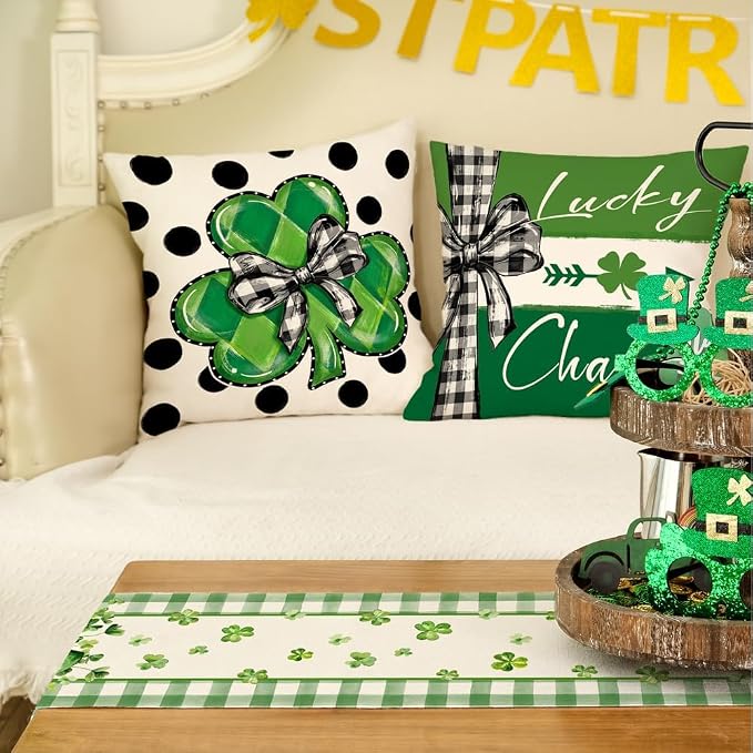 GEEORY St. Patrick's Day Table Runner 13 x 60 Inch, Shamrocks Plaid Mason Jar - Image 5