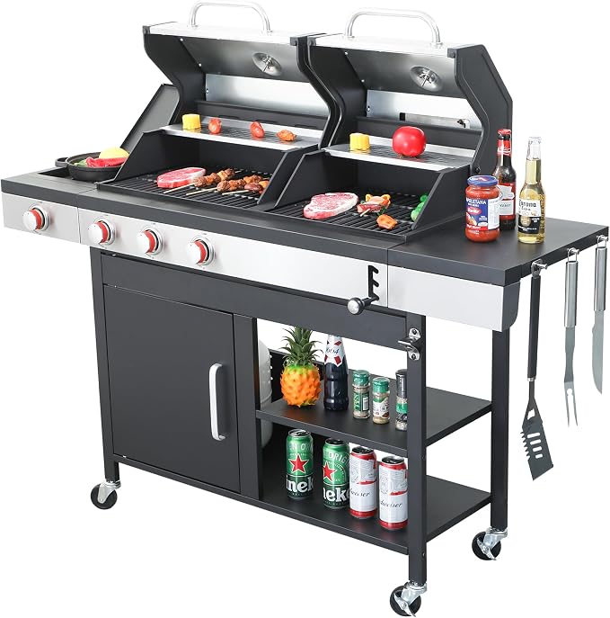 Gas and Charcoal Combo Grill, 37230 BTU 2-in-1 Outdoor BBQ, Dual Zone Cooking by CubisVeta
