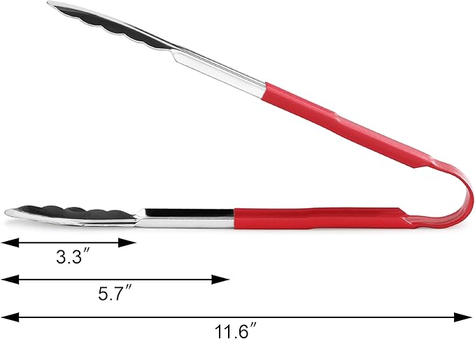 Tongs in Polished Stainless Steel with Red Vinyl Handles, 12 Inch