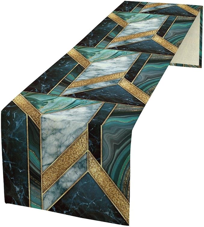 Marble Table Runner, Dark Green Gold Modern Mosaic Design Table Runner by Unknown
