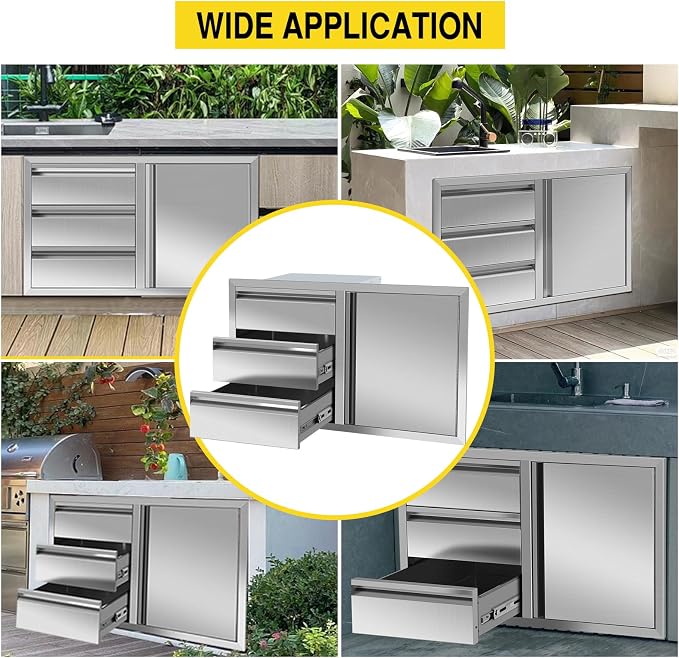 Outdoor Kitchen Drawer Combo, Stainless Steel Triple Drawers & 2 Trash Can - Image 7