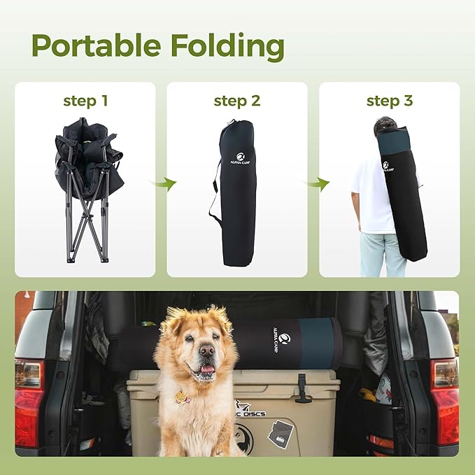 Folding Camping Chair, Green, 500 lb Capacity, Cooler Bag
